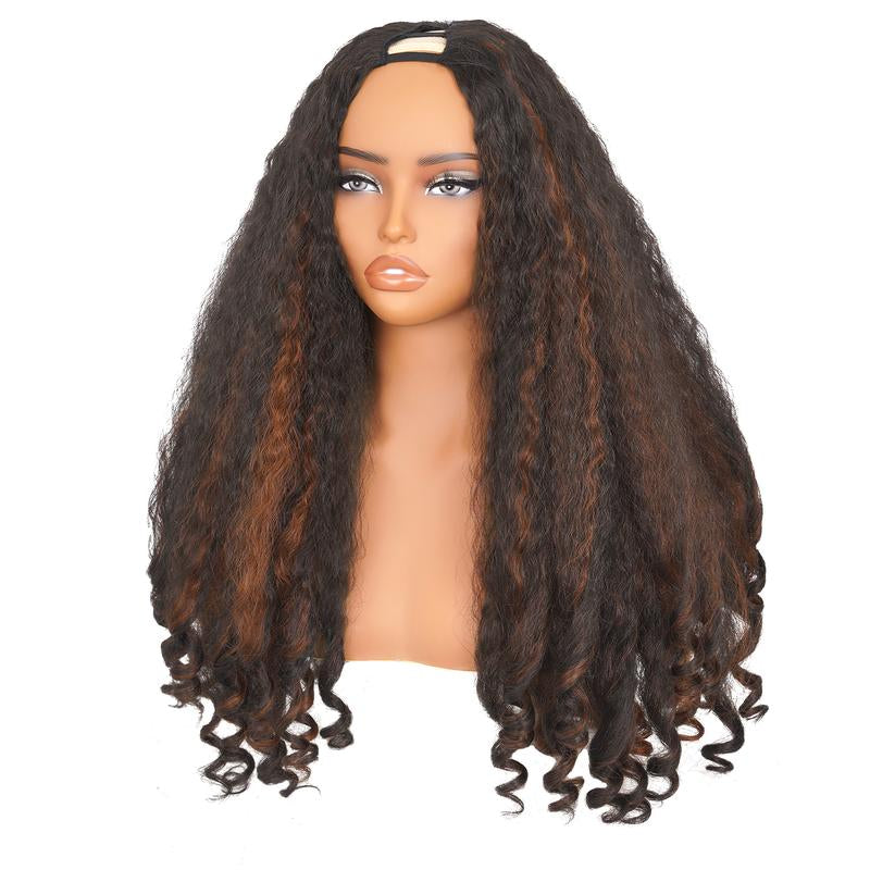 New Afro V Part with Curly in the End Wig Kinky Synthetic Hair Texture with Unique Bouncy Curls in the End 20 Inch Soft Curly Full Hair V Part Wigs Synthetic for Women No Leave Out Clip in Half Wig