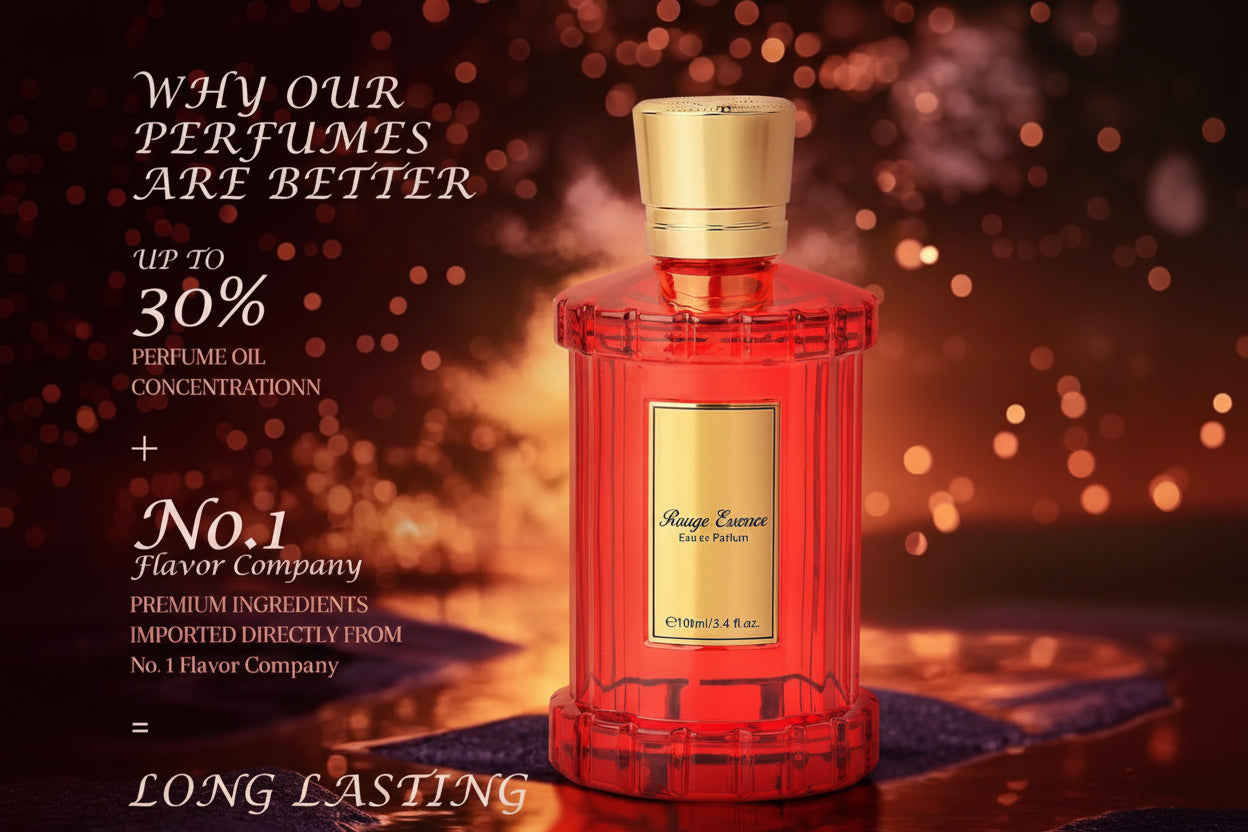 ROMASS Rouge Essence Perfume 3.4Oz/100Ml | Gold-Red Bottle | Long-Lasting Fragrance | Floral Fragrance, Saffron and Amber Wood Notes