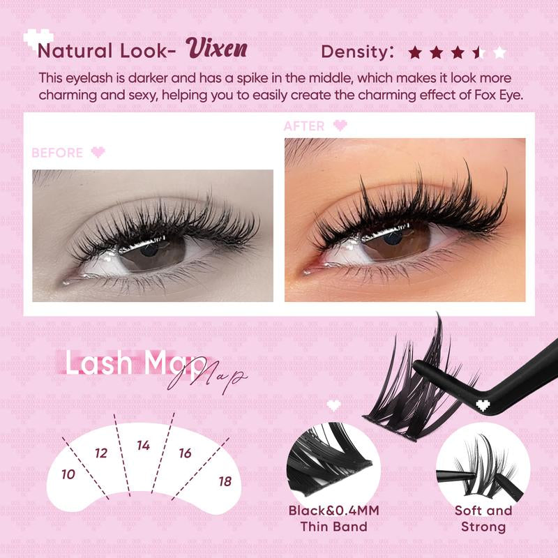 OKAYLOVE Lashes Cluster Vixen|Bunny Lash Clusters Kit, Manga Lash Extension with Waterproof Long-Lasting Lash Bond and Seal,Tweezers and Remover for DIY Eyelash at Home Easily, Natural Makeup Girl Gifts