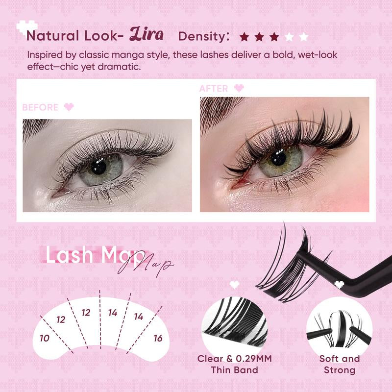 OKAYLOVE Lashes Cluster Vixen|Bunny Lash Clusters Kit, Manga Lash Extension with Waterproof Long-Lasting Lash Bond and Seal,Tweezers and Remover for DIY Eyelash at Home Easily, Natural Makeup Girl Gifts