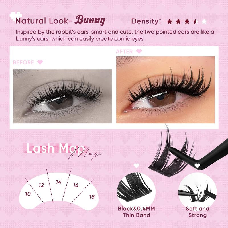 OKAYLOVE Lashes Cluster Vixen|Bunny Lash Clusters Kit, Manga Lash Extension with Waterproof Long-Lasting Lash Bond and Seal,Tweezers and Remover for DIY Eyelash at Home Easily, Natural Makeup Girl Gifts