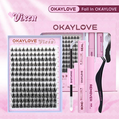 OKAYLOVE Lashes Cluster Vixen|Bunny Lash Clusters Kit, Manga Lash Extension with Waterproof Long-Lasting Lash Bond and Seal,Tweezers and Remover for DIY Eyelash at Home Easily, Natural Makeup Girl Gifts