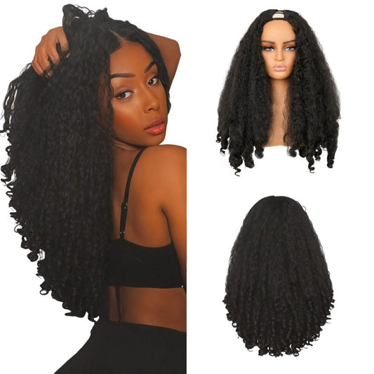 New Afro V Part with Curly in the End Wig Kinky Synthetic Hair Texture with Unique Bouncy Curls in the End 20 Inch Soft Curly Full Hair V Part Wigs Synthetic for Women No Leave Out Clip in Half Wig