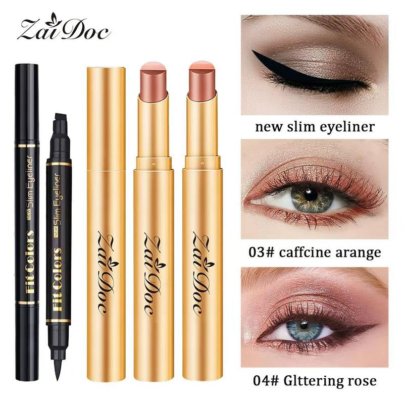 3-In-1 Zaidoc Easy Eyeshadow Stick for Beginners,Smudgeproof in Seconds, One-Stroke Application,Creamy Shimmer Trio Eyeshadow Stick Waterproof Longwear Liquid Eyeliner Color Changing Lip Oil Trio Waterproof Shiny Diamond Eyeshadow