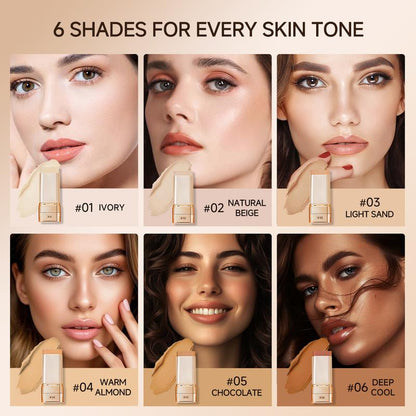 QIANWHITE Luminous Dual-Ended Concealer Foundation Stick with Built-In Brushes Complimentary Puff 24H Long-Lasting Waterproof Sweatproof One-Swipe Even Flawless Base Clear Radiant Skin Foundation Stick
