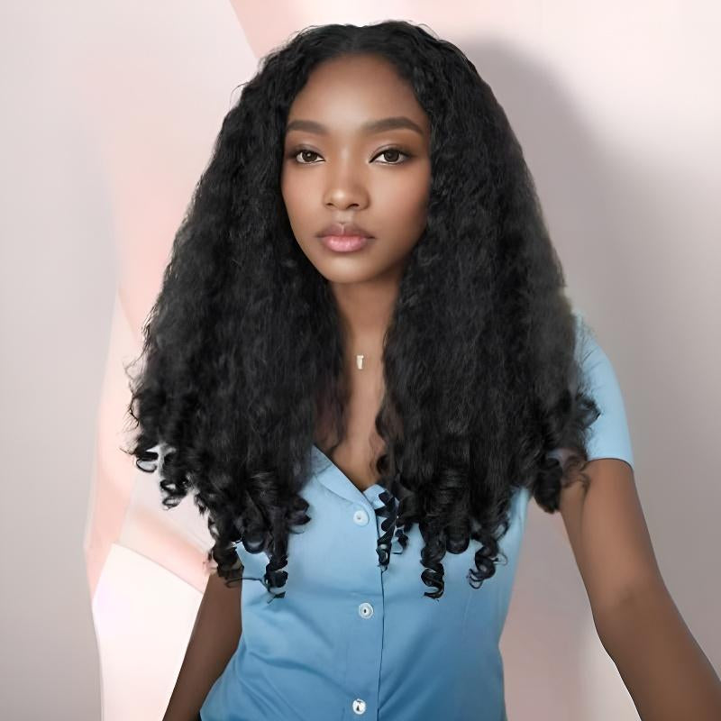 New Afro V Part with Curly in the End Wig Kinky Synthetic Hair Texture with Unique Bouncy Curls in the End 20 Inch Soft Curly Full Hair V Part Wigs Synthetic for Women No Leave Out Clip in Half Wig