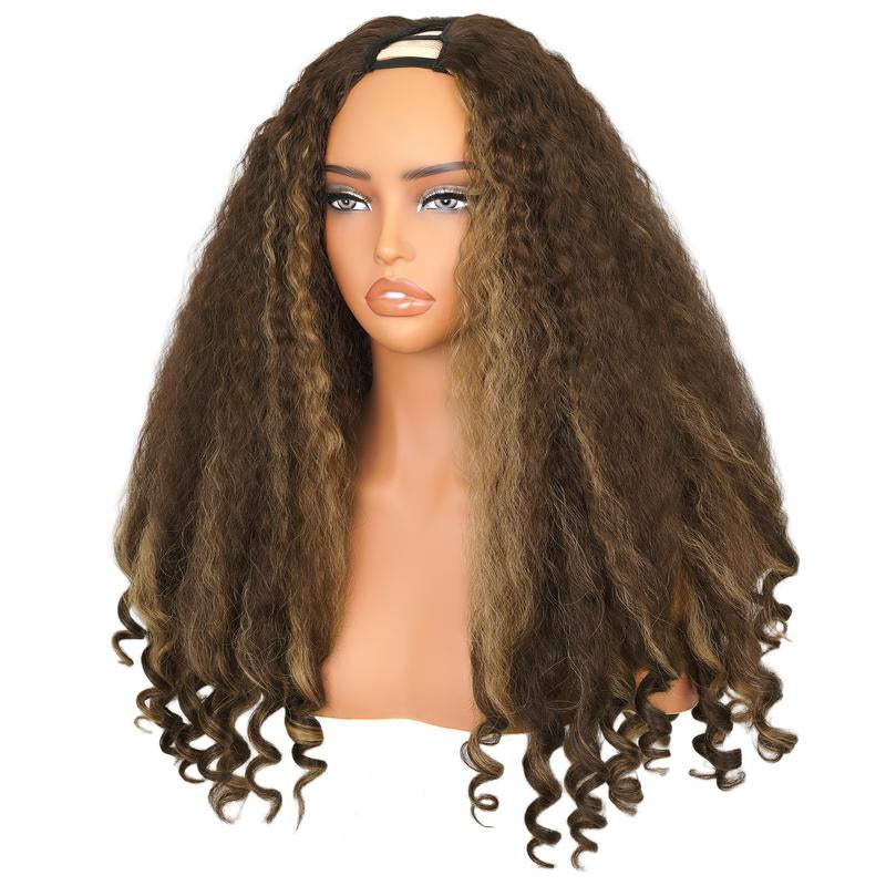 New Afro V Part with Curly in the End Wig Kinky Synthetic Hair Texture with Unique Bouncy Curls in the End 20 Inch Soft Curly Full Hair V Part Wigs Synthetic for Women No Leave Out Clip in Half Wig