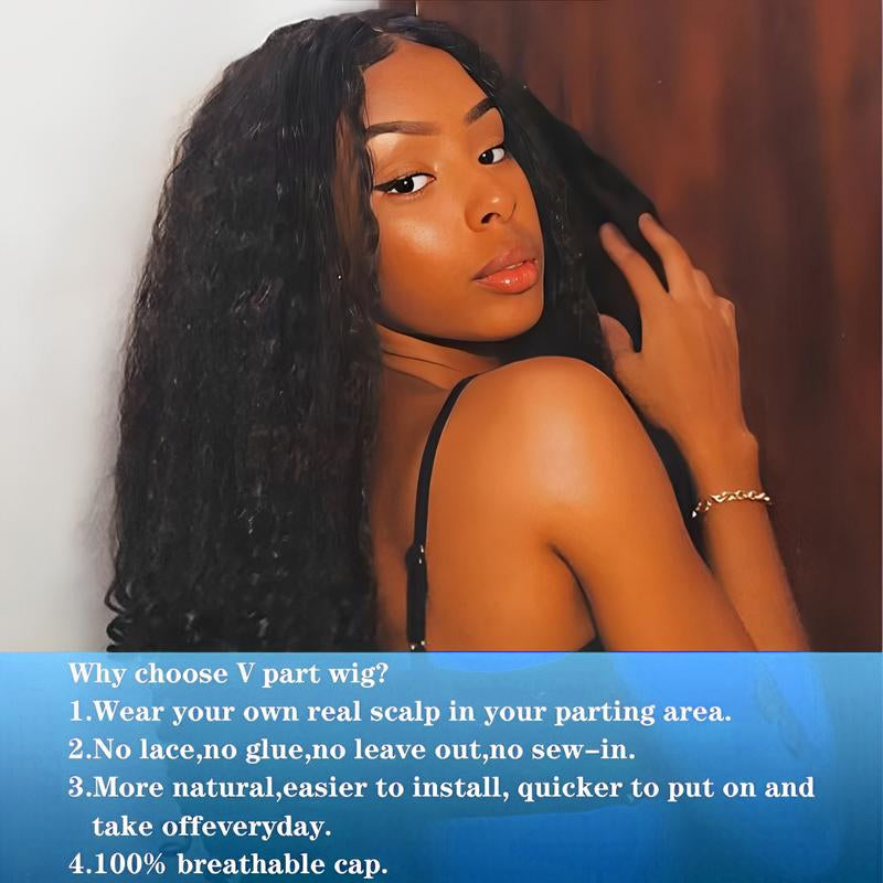 New Afro V Part with Curly in the End Wig Kinky Synthetic Hair Texture with Unique Bouncy Curls in the End 20 Inch Soft Curly Full Hair V Part Wigs Synthetic for Women No Leave Out Clip in Half Wig