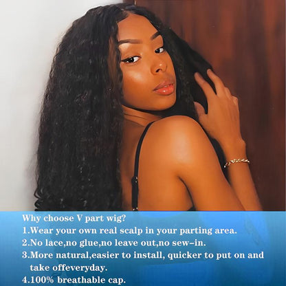 New Afro V Part with Curly in the End Wig Kinky Synthetic Hair Texture with Unique Bouncy Curls in the End 20 Inch Soft Curly Full Hair V Part Wigs Synthetic for Women No Leave Out Clip in Half Wig