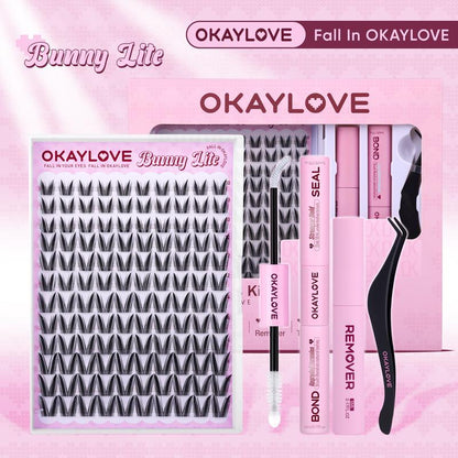 OKAYLOVE Lashes Cluster Vixen|Bunny Lash Clusters Kit, Manga Lash Extension with Waterproof Long-Lasting Lash Bond and Seal,Tweezers and Remover for DIY Eyelash at Home Easily, Natural Makeup Girl Gifts