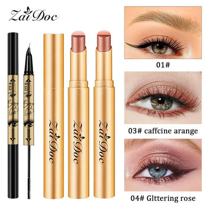 3-In-1 Zaidoc Easy Eyeshadow Stick for Beginners,Smudgeproof in Seconds, One-Stroke Application,Creamy Shimmer Trio Eyeshadow Stick Waterproof Longwear Liquid Eyeliner Color Changing Lip Oil Trio Waterproof Shiny Diamond Eyeshadow