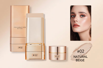 QIANWHITE Luminous Dual-Ended Concealer Foundation Stick with Built-In Brushes Complimentary Puff 24H Long-Lasting Waterproof Sweatproof One-Swipe Even Flawless Base Clear Radiant Skin Foundation Stick