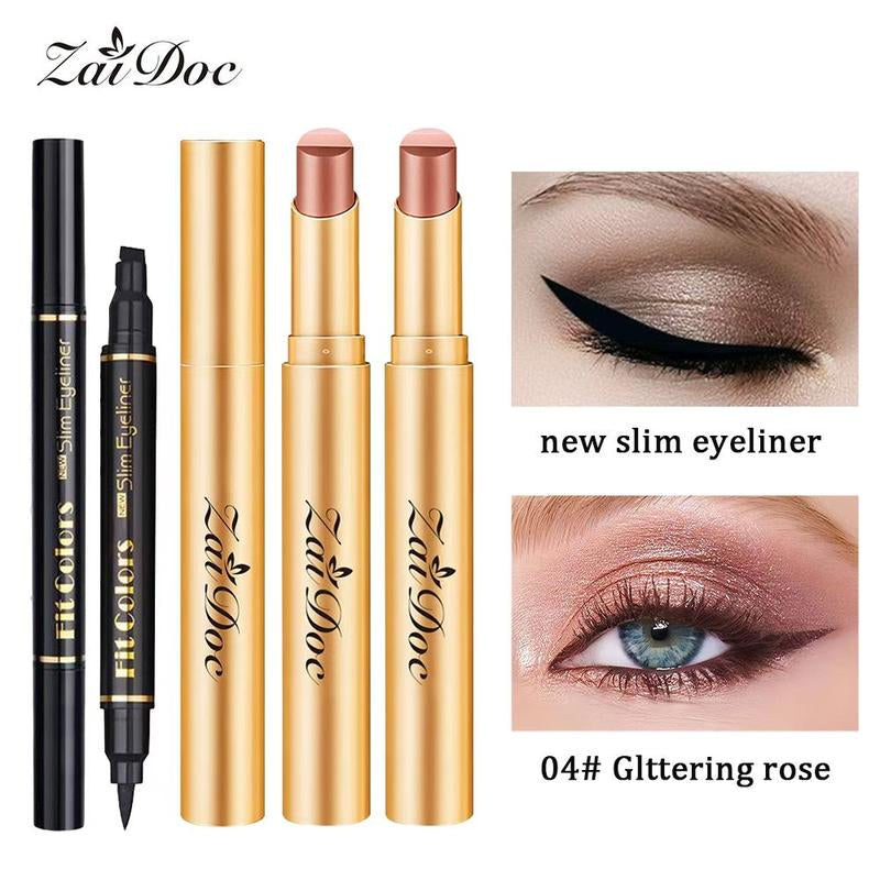 3-In-1 Zaidoc Easy Eyeshadow Stick for Beginners,Smudgeproof in Seconds, One-Stroke Application,Creamy Shimmer Trio Eyeshadow Stick Waterproof Longwear Liquid Eyeliner Color Changing Lip Oil Trio Waterproof Shiny Diamond Eyeshadow