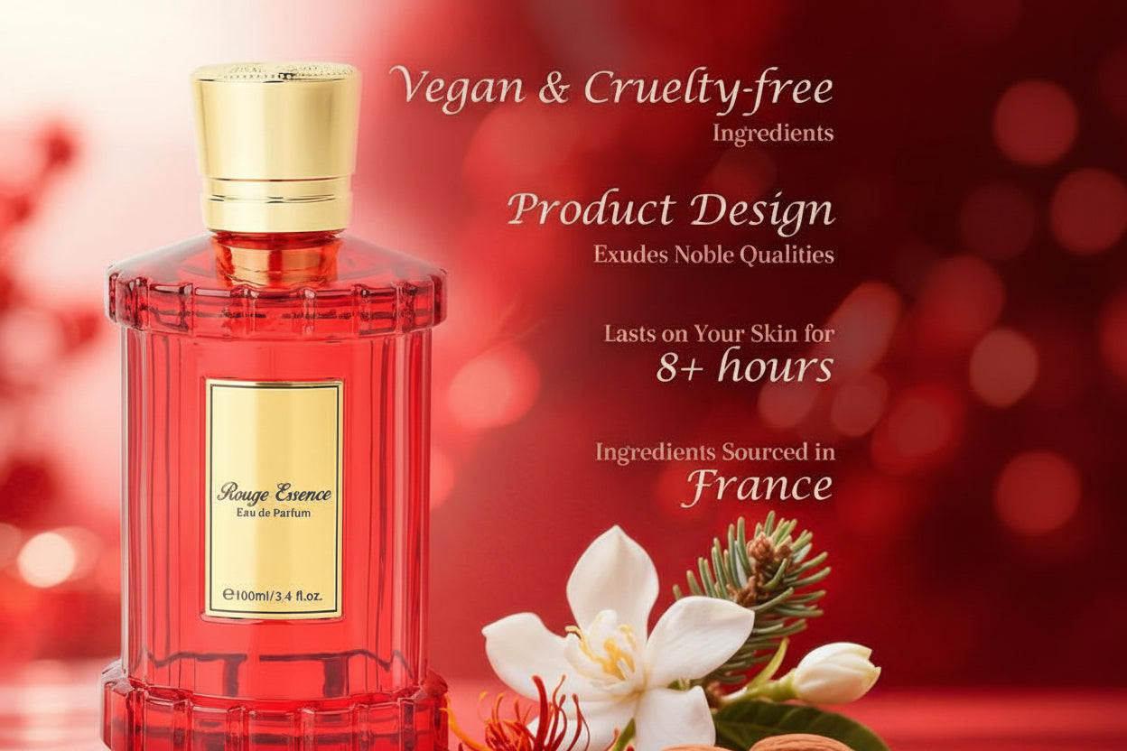 ROMASS Rouge Essence Perfume 3.4Oz/100Ml | Gold-Red Bottle | Long-Lasting Fragrance | Floral Fragrance, Saffron and Amber Wood Notes