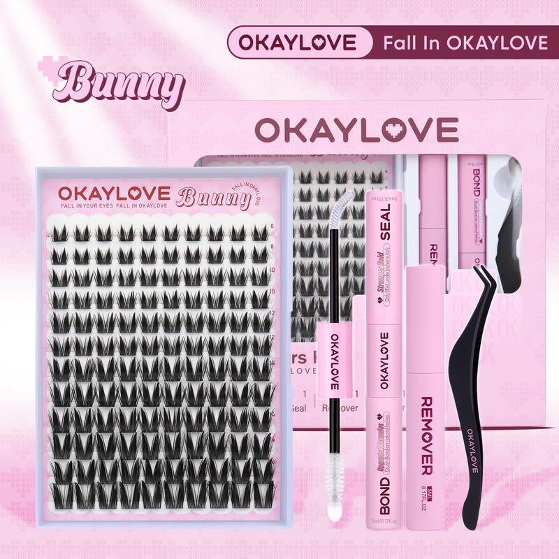 OKAYLOVE Lashes Cluster Vixen|Bunny Lash Clusters Kit, Manga Lash Extension with Waterproof Long-Lasting Lash Bond and Seal,Tweezers and Remover for DIY Eyelash at Home Easily, Natural Makeup Girl Gifts