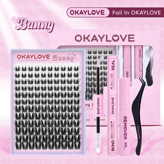 OKAYLOVE Lashes Cluster Vixen|Bunny Lash Clusters Kit, Manga Lash Extension with Waterproof Long-Lasting Lash Bond and Seal,Tweezers and Remover for DIY Eyelash at Home Easily, Natural Makeup Girl Gifts