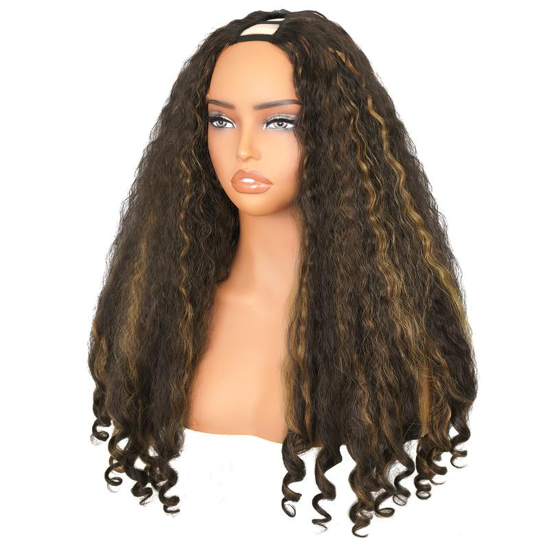 New Afro V Part with Curly in the End Wig Kinky Synthetic Hair Texture with Unique Bouncy Curls in the End 20 Inch Soft Curly Full Hair V Part Wigs Synthetic for Women No Leave Out Clip in Half Wig